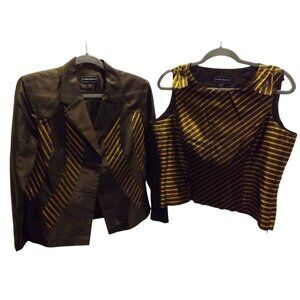 Womens Silk Blazer & Striped Sleeveless Top Set George Simonton Sz 14 Brown Gold
